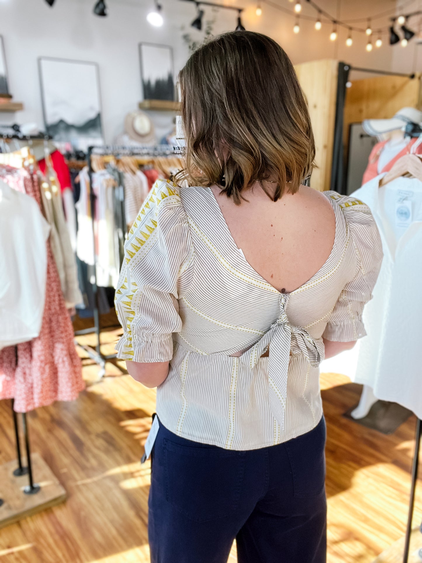 Cream & Brown Stripe Square Neck Top