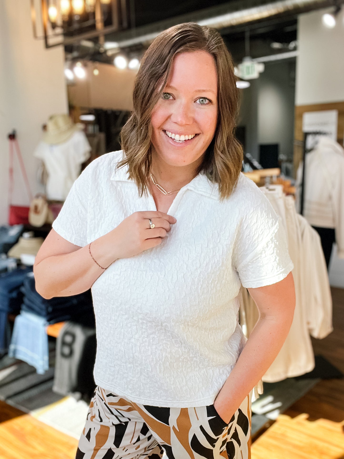 White Texture Collar Top