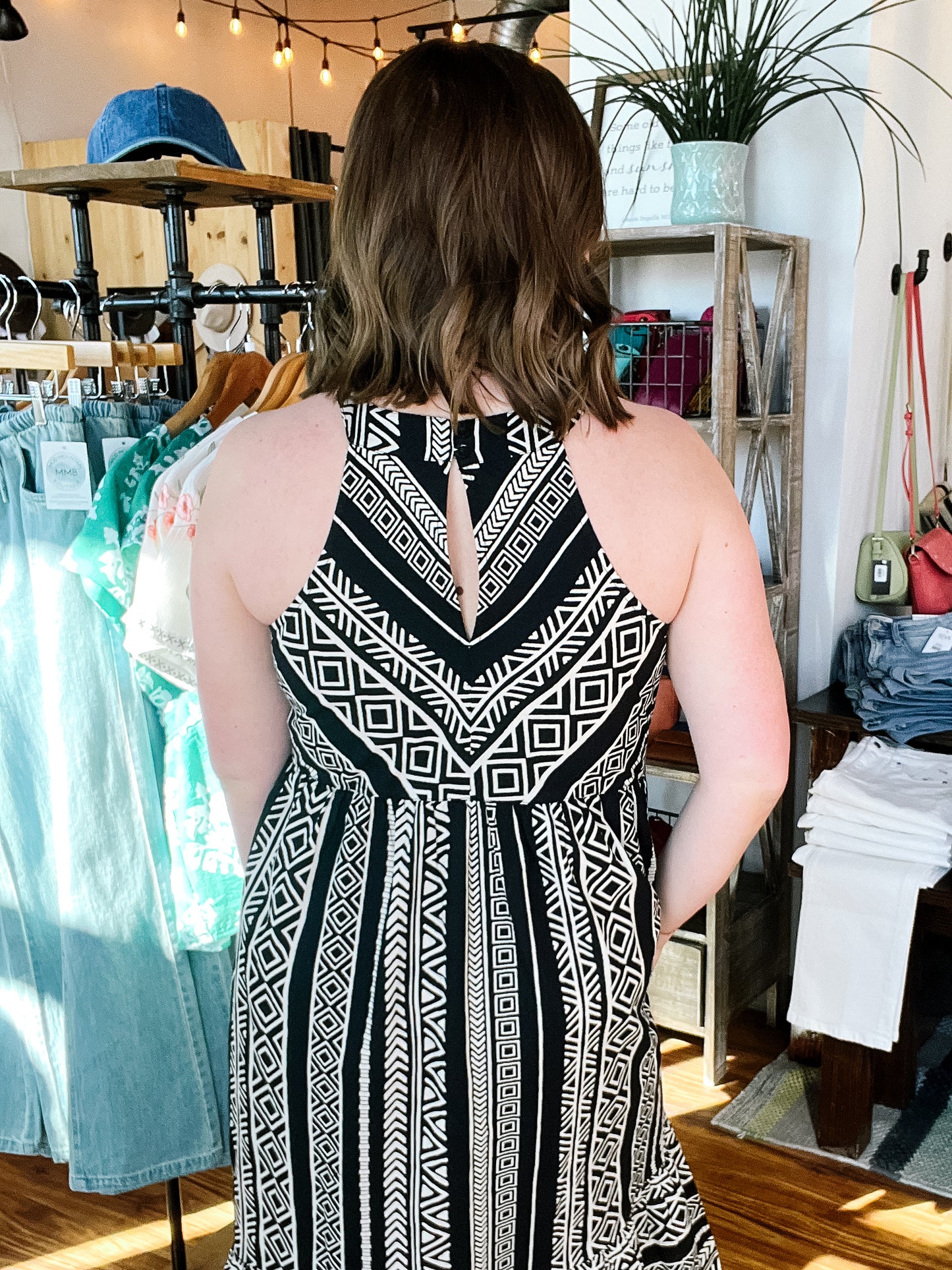 Black W/Beige Aztec Halter Dress