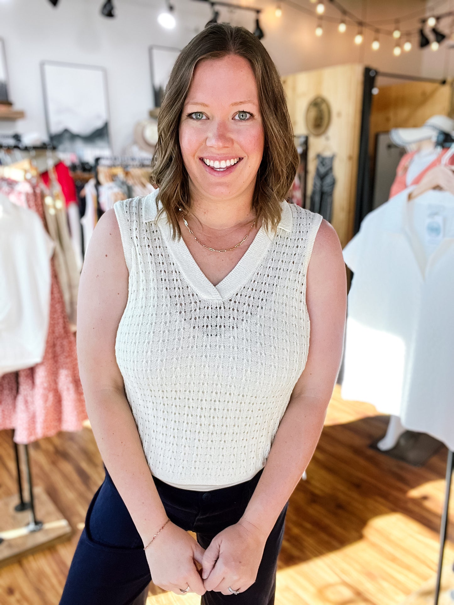 Cream Sleeveless Johnny Collar Top