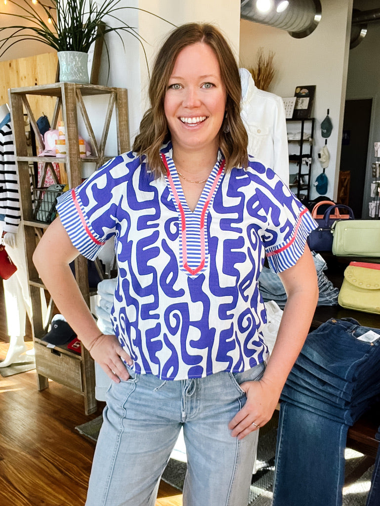 Cobalt Blue Abstract Short Sleeve Top