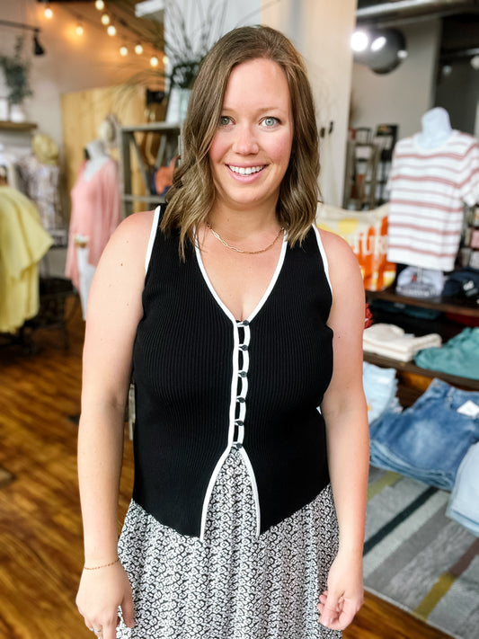 Black Sleeveless Sweater W/ White Trim