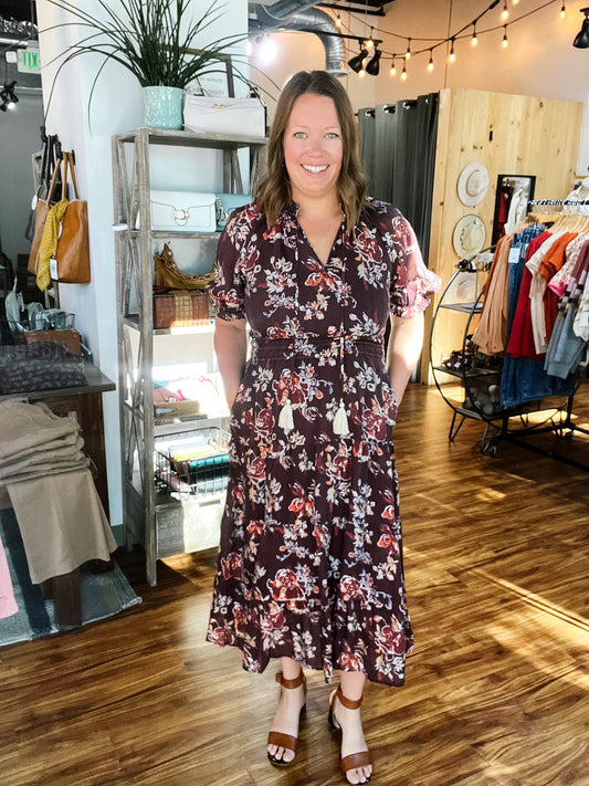 Burgundy Short Sleeve Floral Maxi Dress