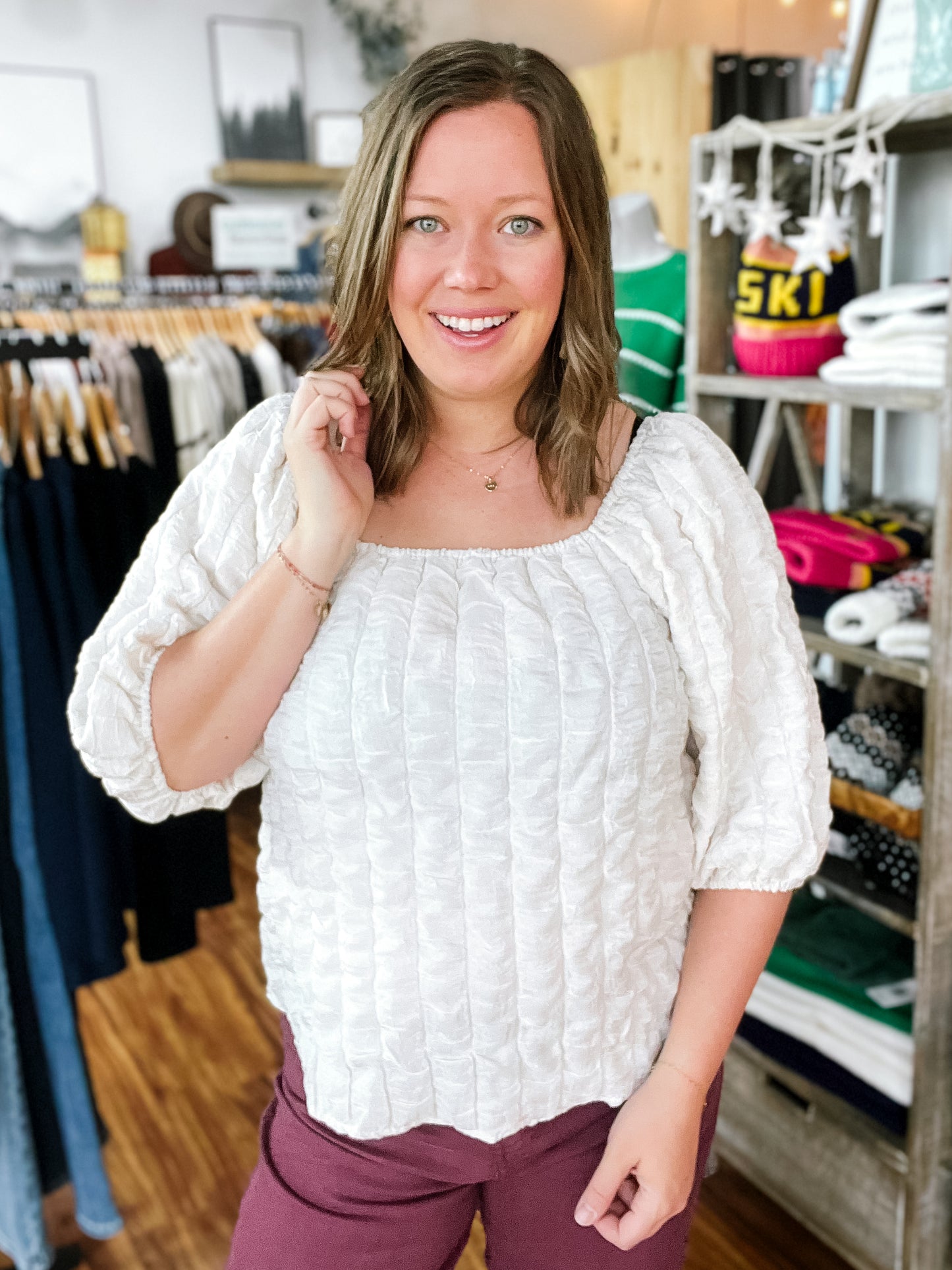 Cream Square Neck Textured Top