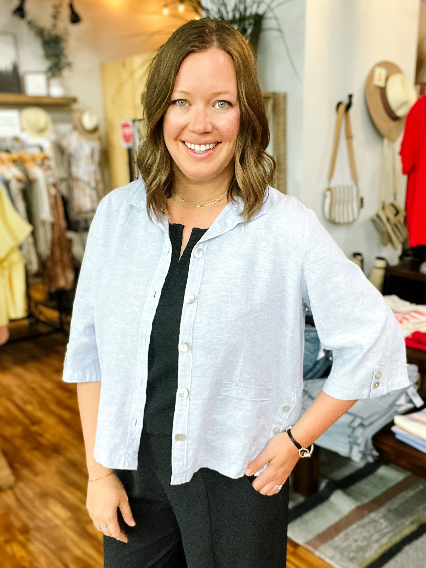 Light Blue Linen Button Front Shirt