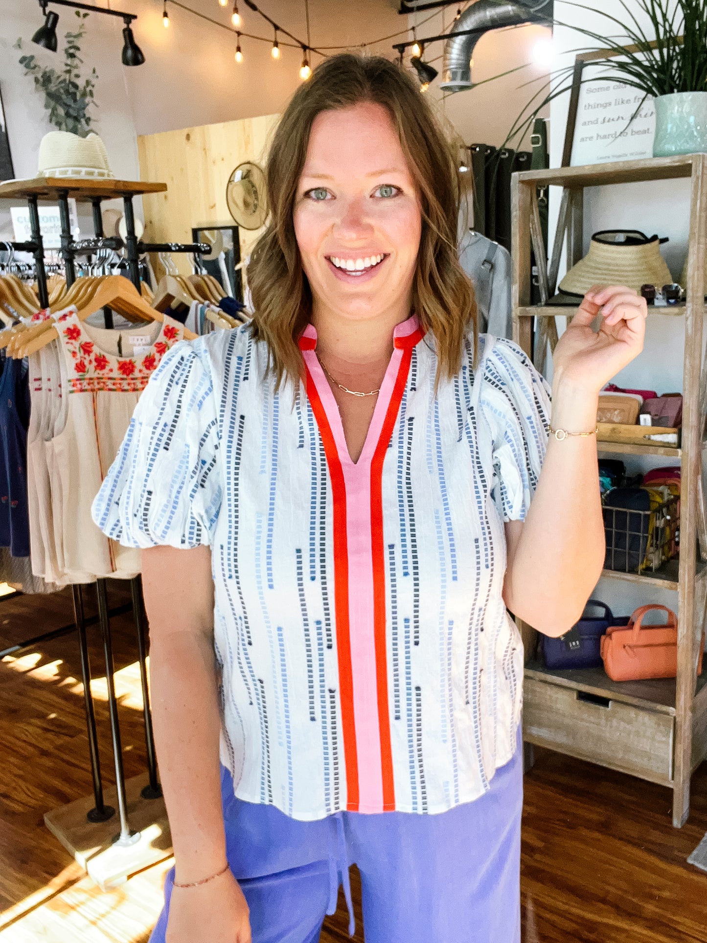 White With Blue Detail Embroidery Top