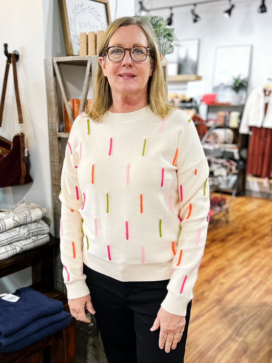 Cream Sweater w/ Colorful Detail