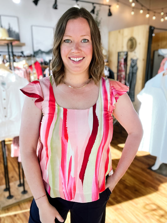 Pink Multi Stripe Flutter Sleeve Top