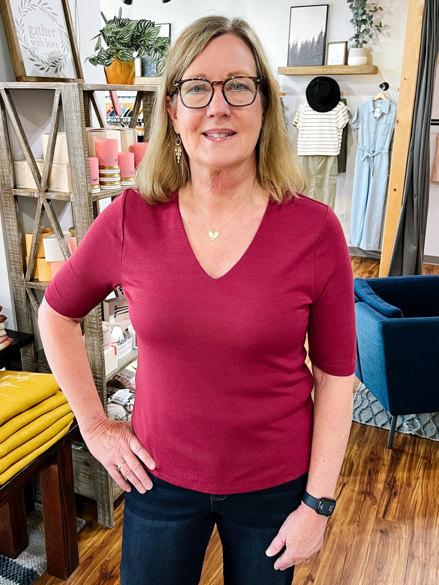 Cherry Double Layered Short Sleeve V Neck
