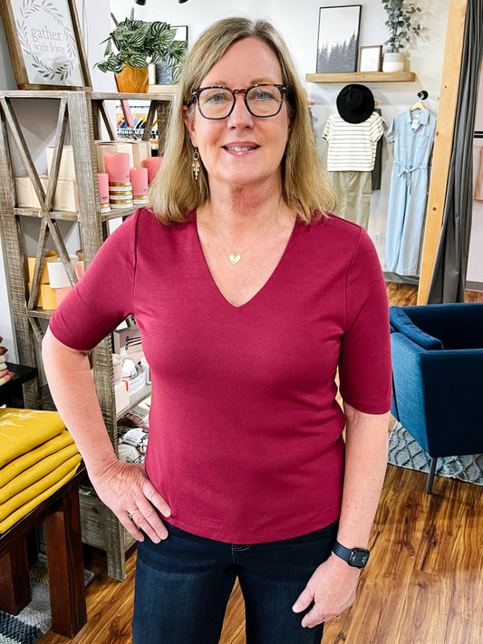 Cherry Double Layered Short Sleeve V Neck