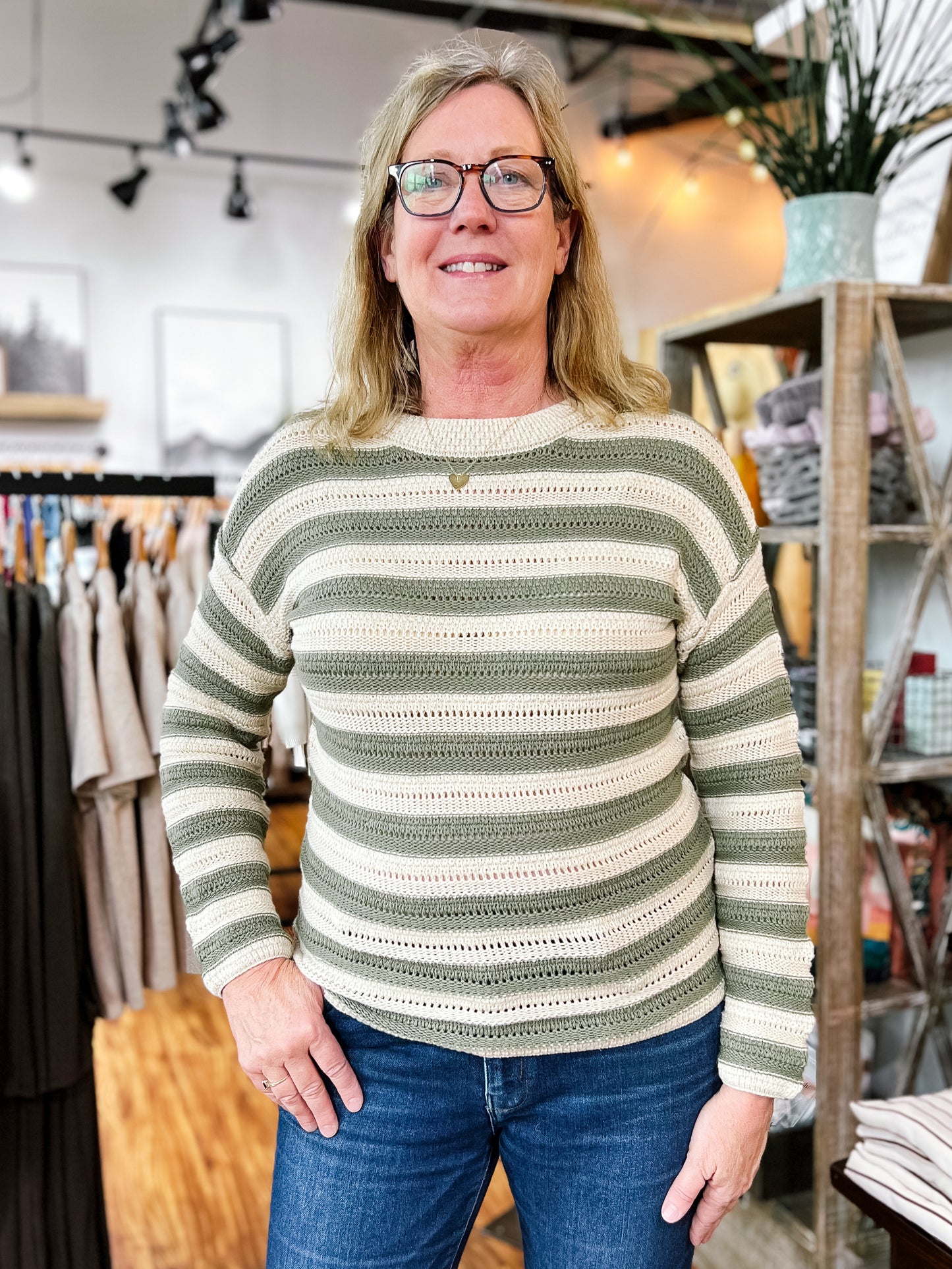 Olive/Cream Stripe Crochet Sweater