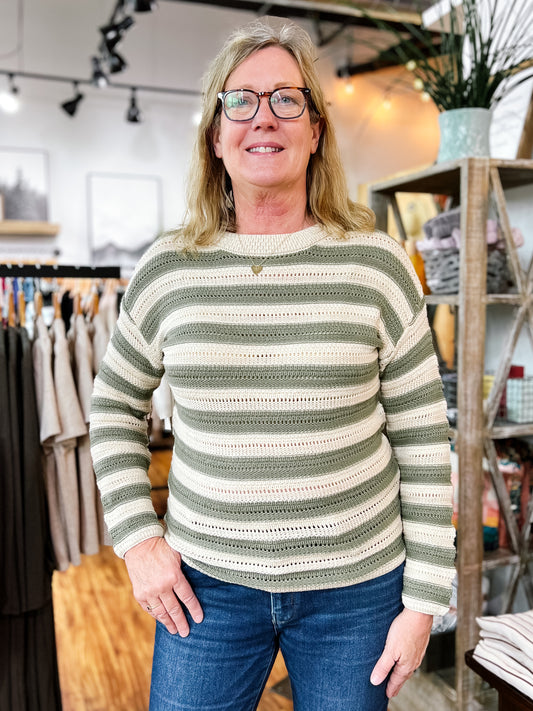 Olive/Cream Stripe Crochet Sweater