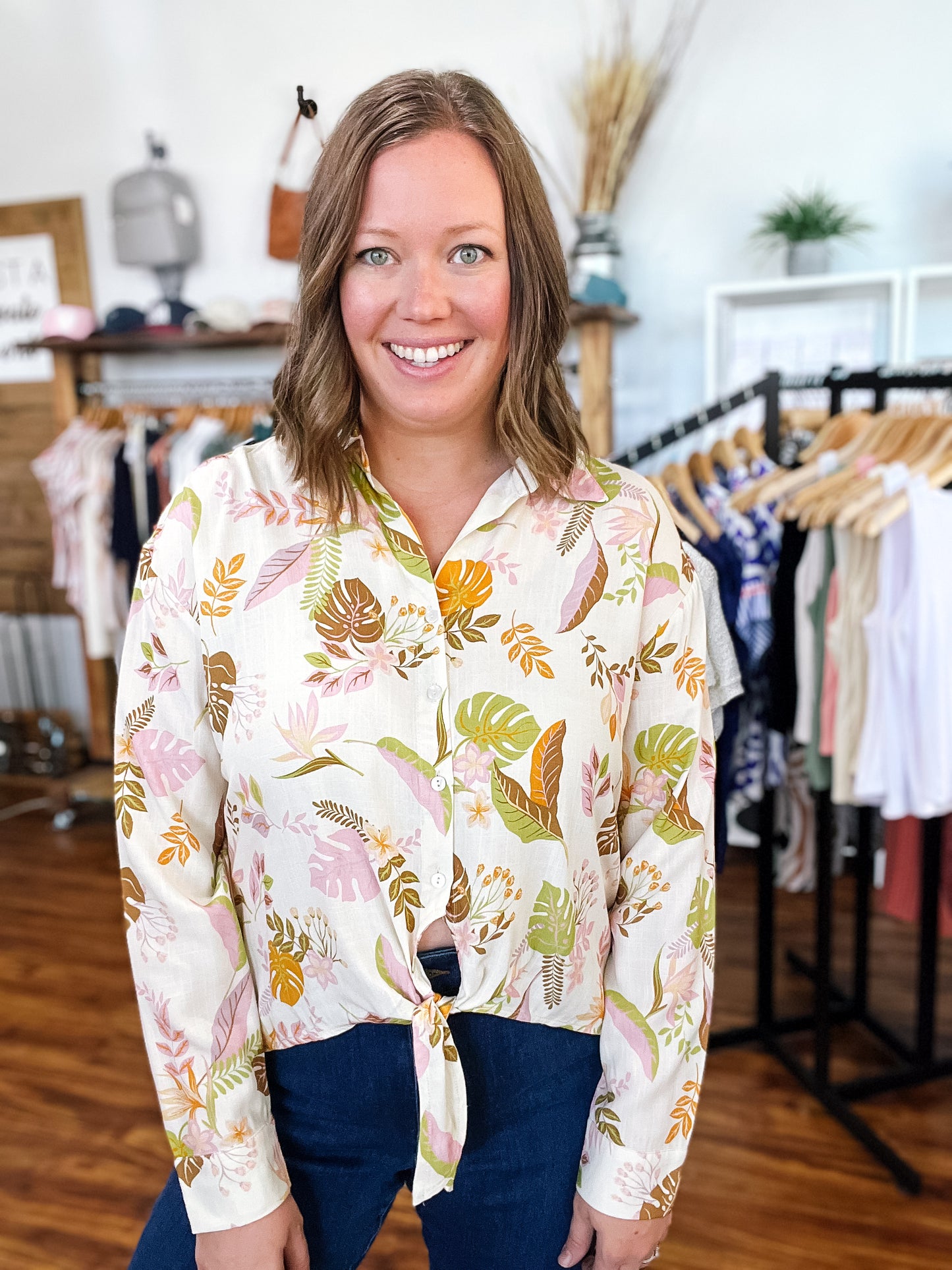 Tropical Print Button Down Long Sleeve Shirt
