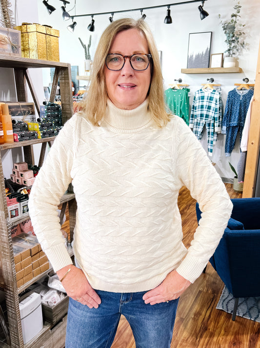 Cream Self Patterned T Neck Sweater