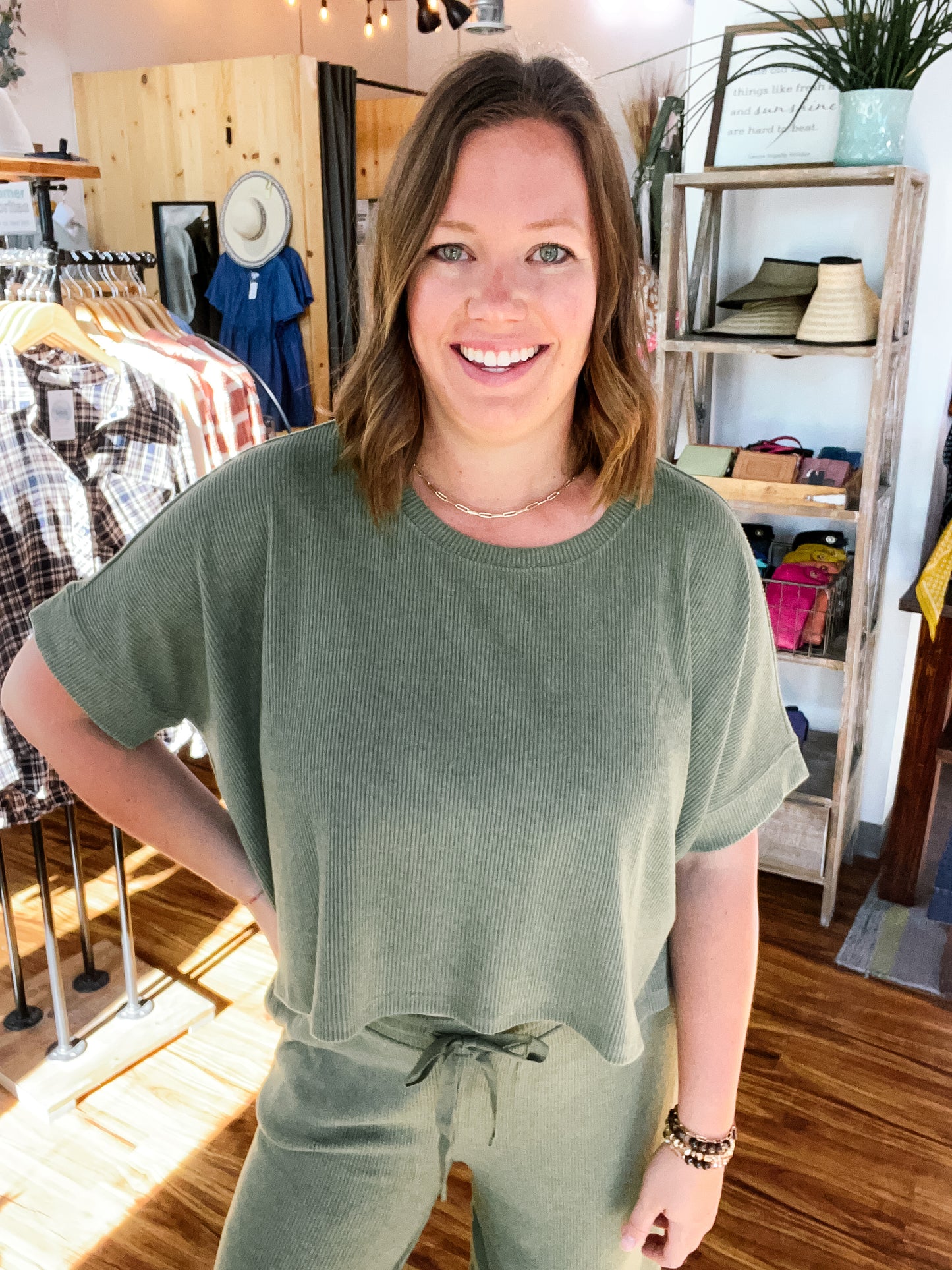 Olive Green Ribbed Lounge Top