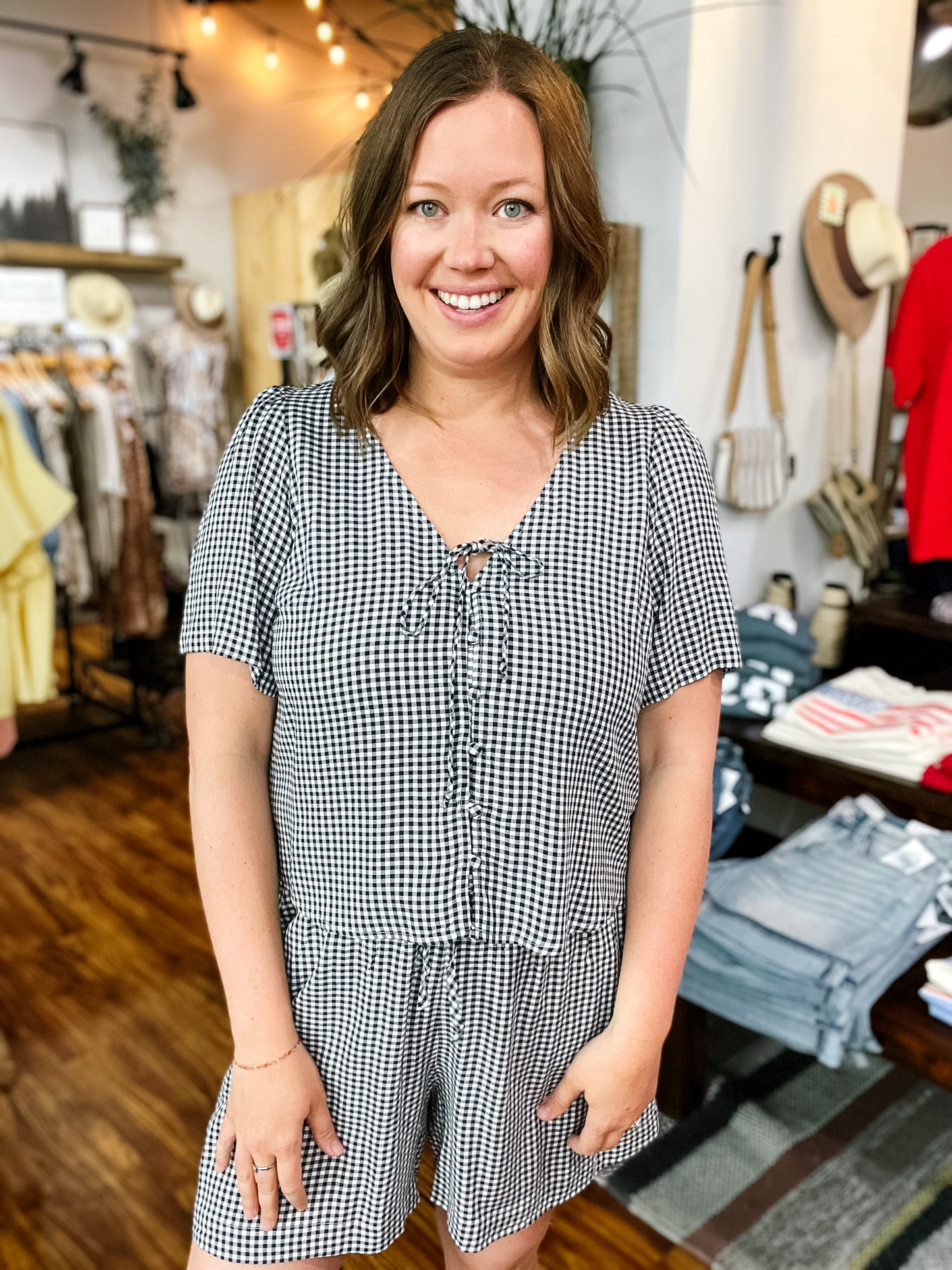 Navy Gingham Button Front Top