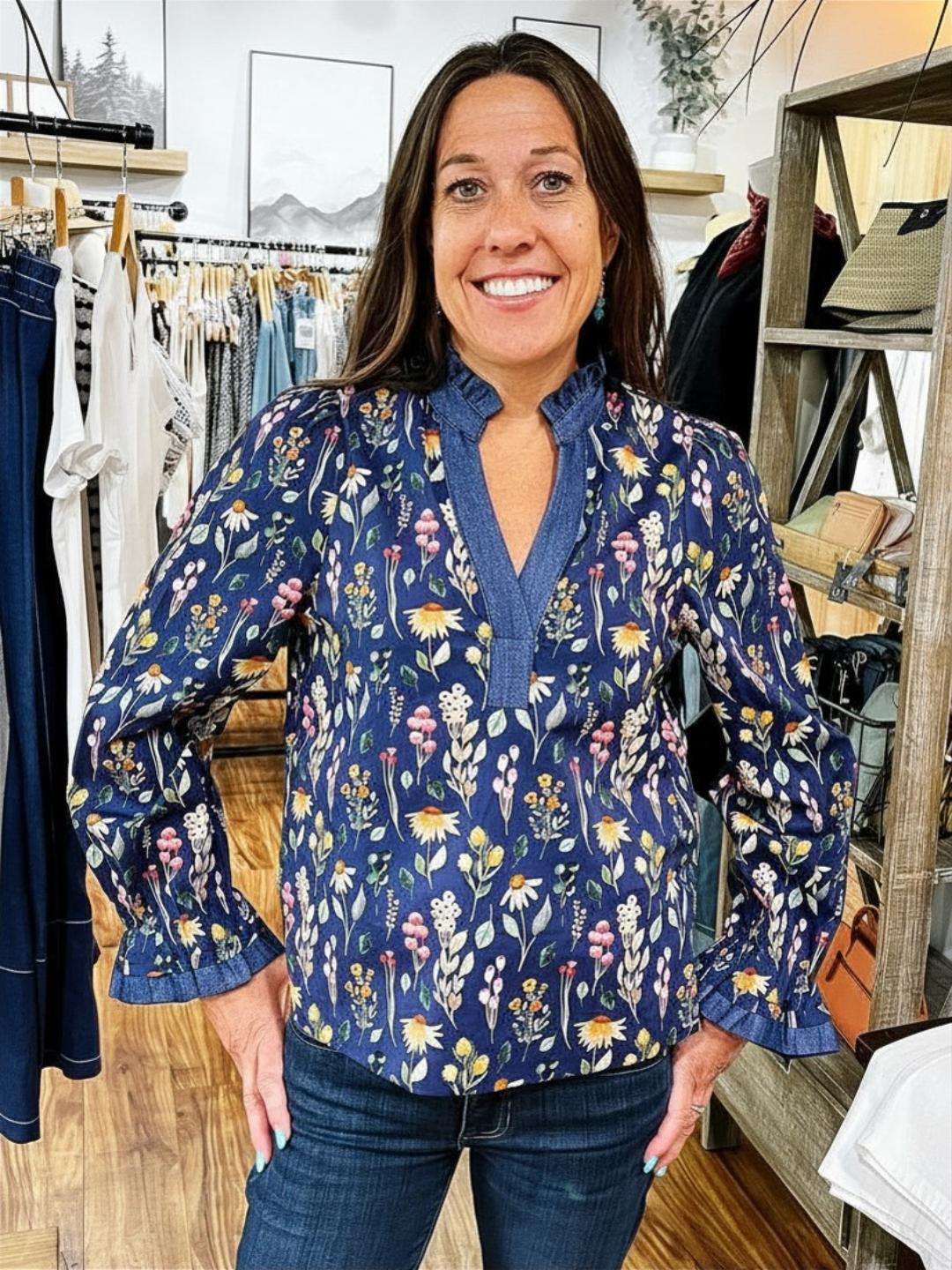 Navy Blue Ruffled Neck Floral Top