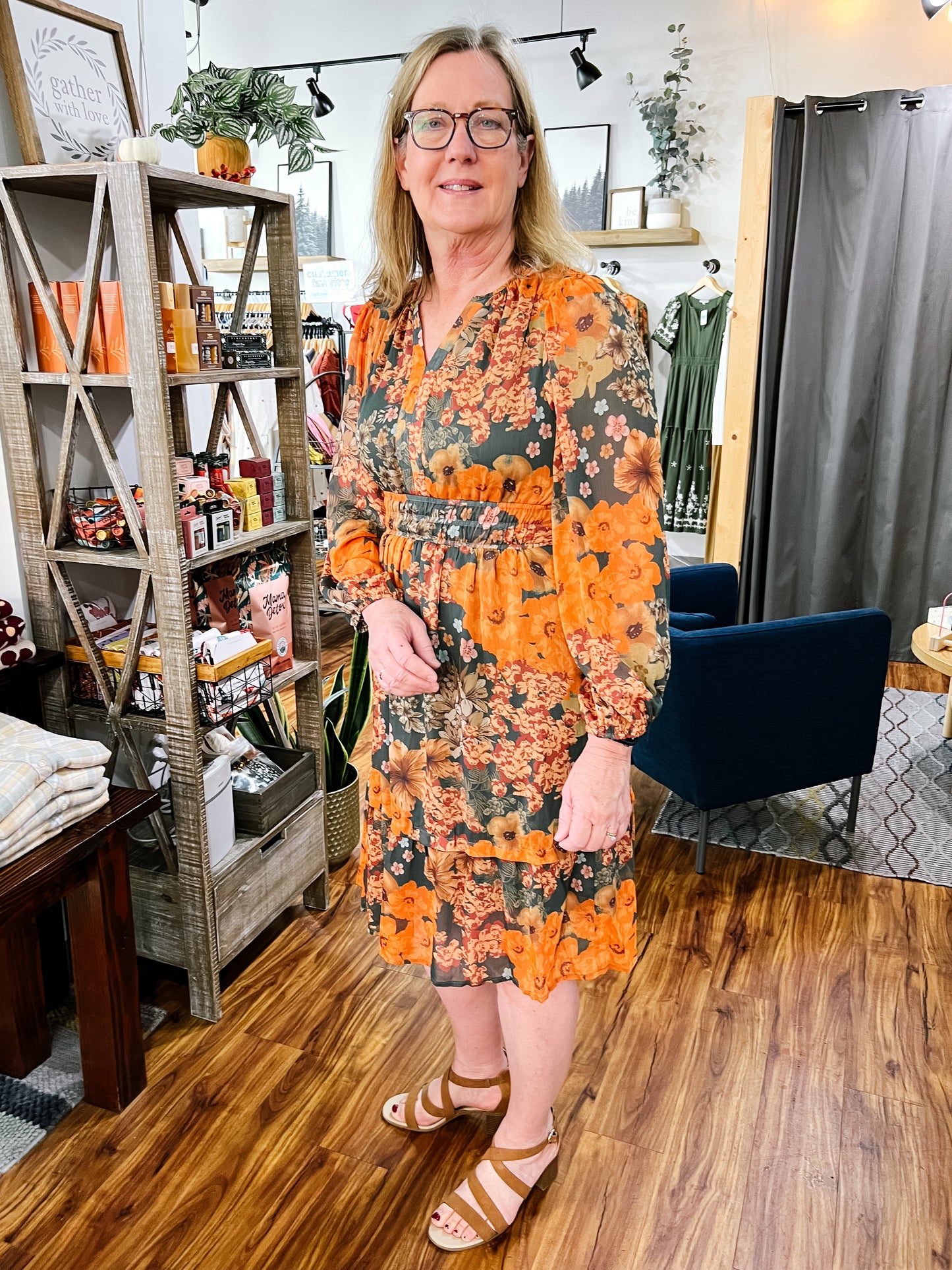 Orange & Green Floral Midi Dress