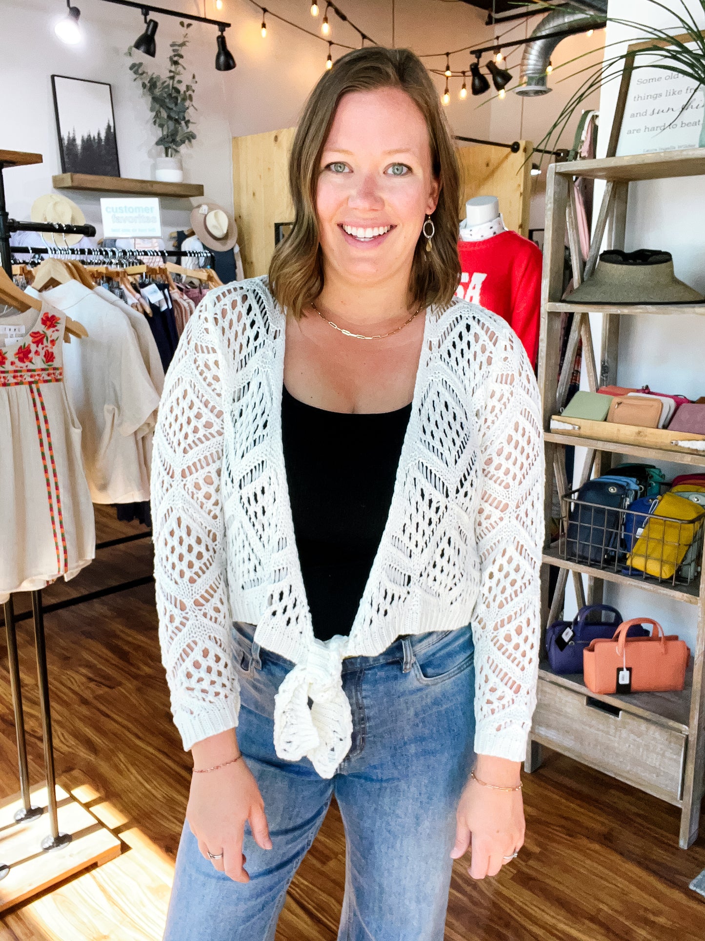 Cream Open Knit Tie Front Cardigan