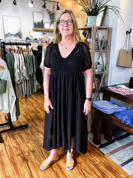 Black V-Neck Midi Dress