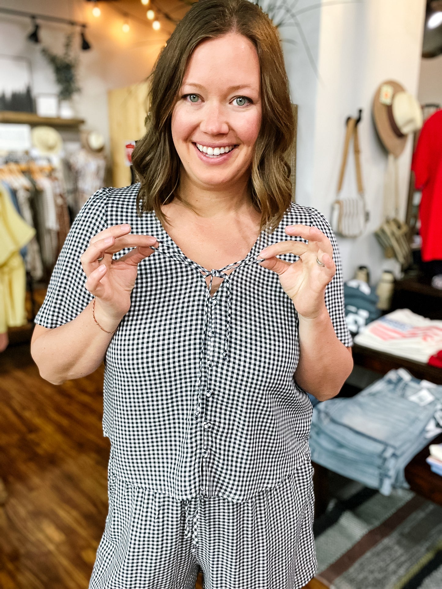 Navy Gingham Button Front Top