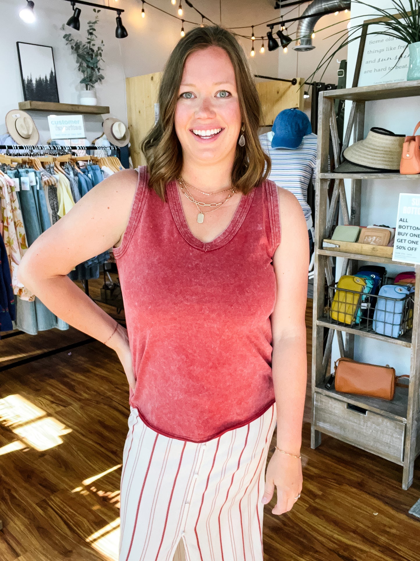 Red Mineral Wash V-Neck Tank Top