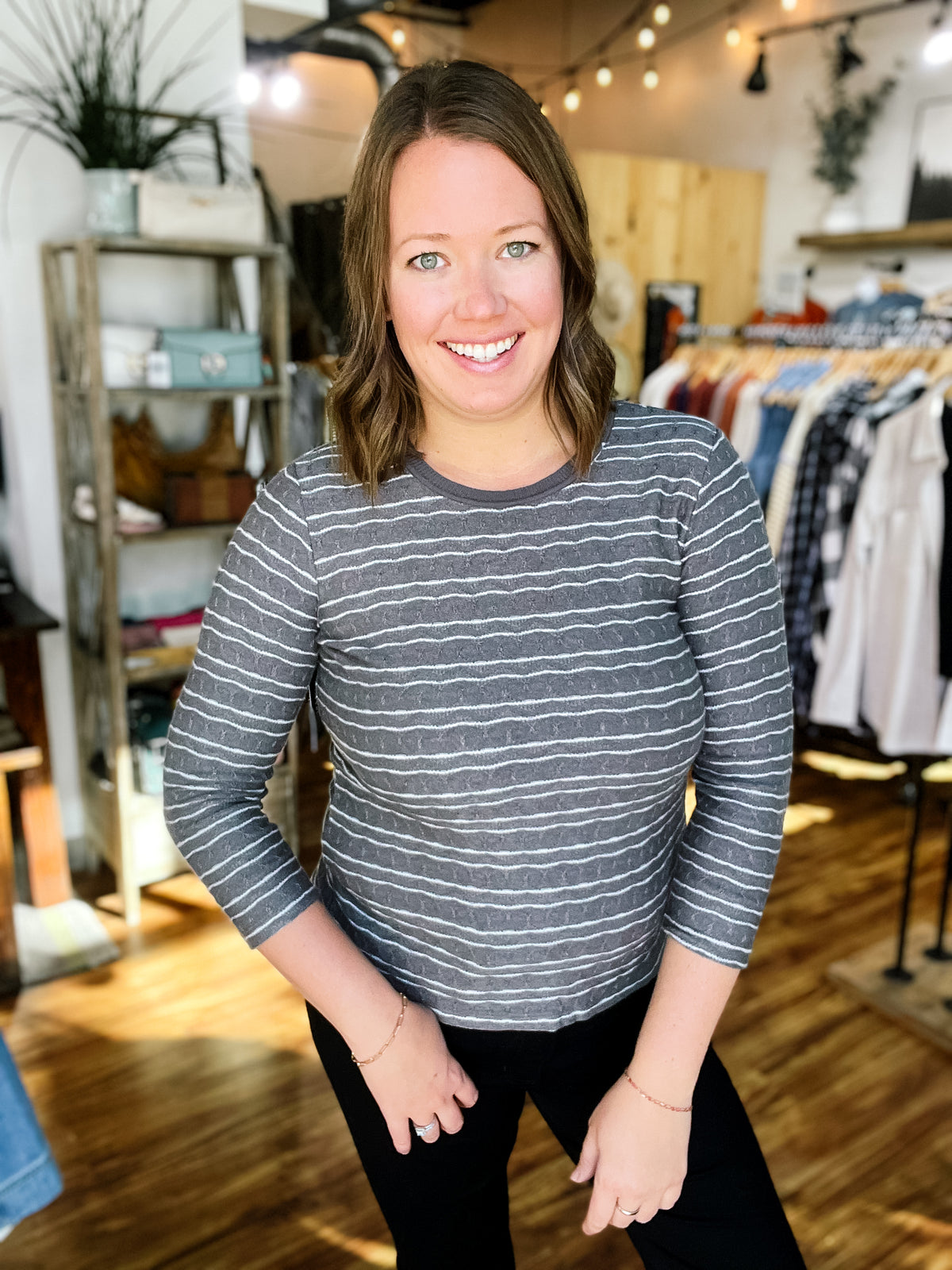 Gray w/ White Stripe Textured Long Sleeve Top