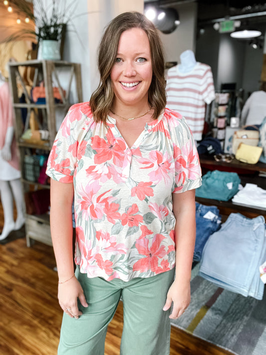 Beige W/Floral Henley Top