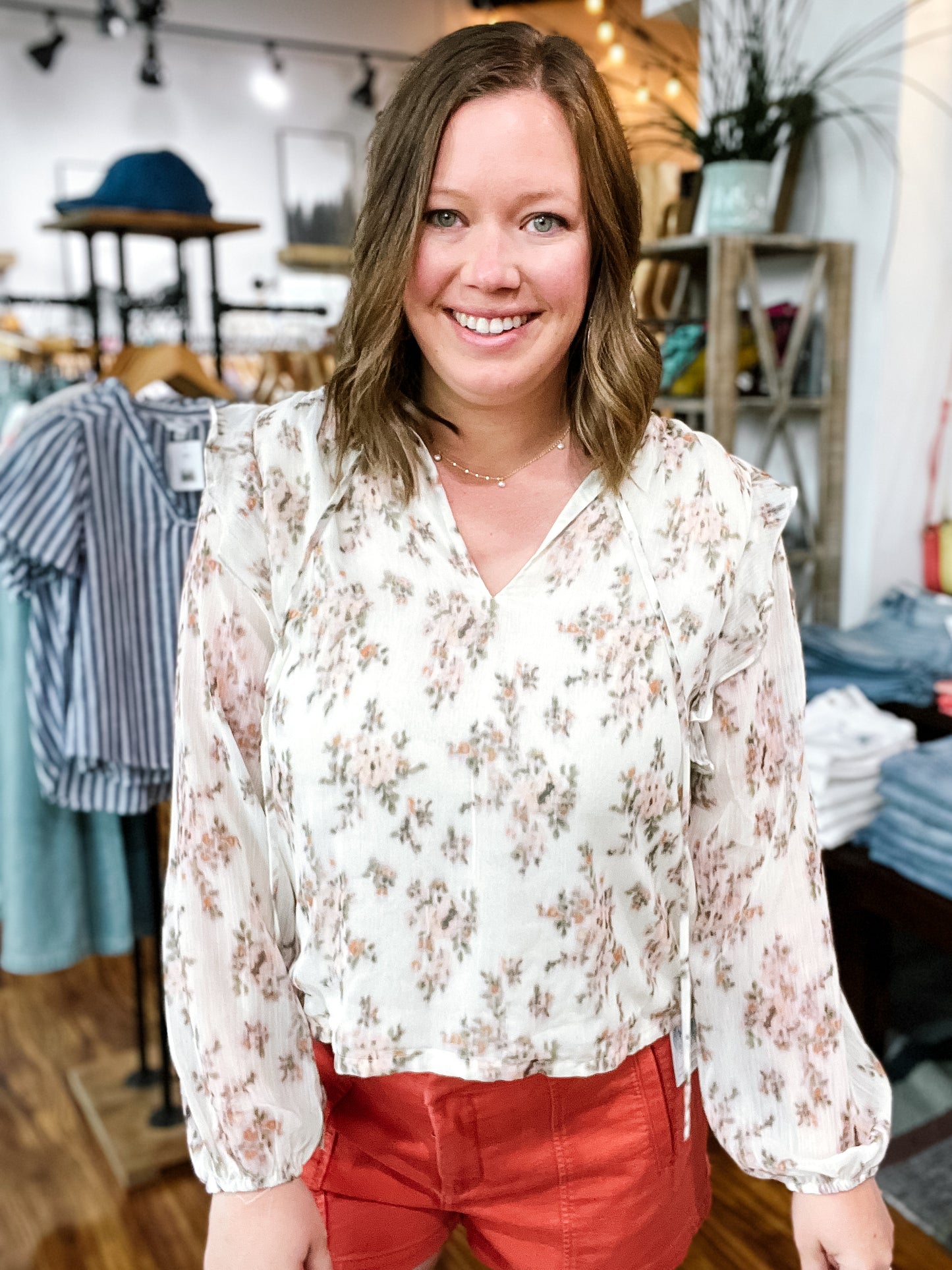 Cream Floral Ruffle Shoulder Top