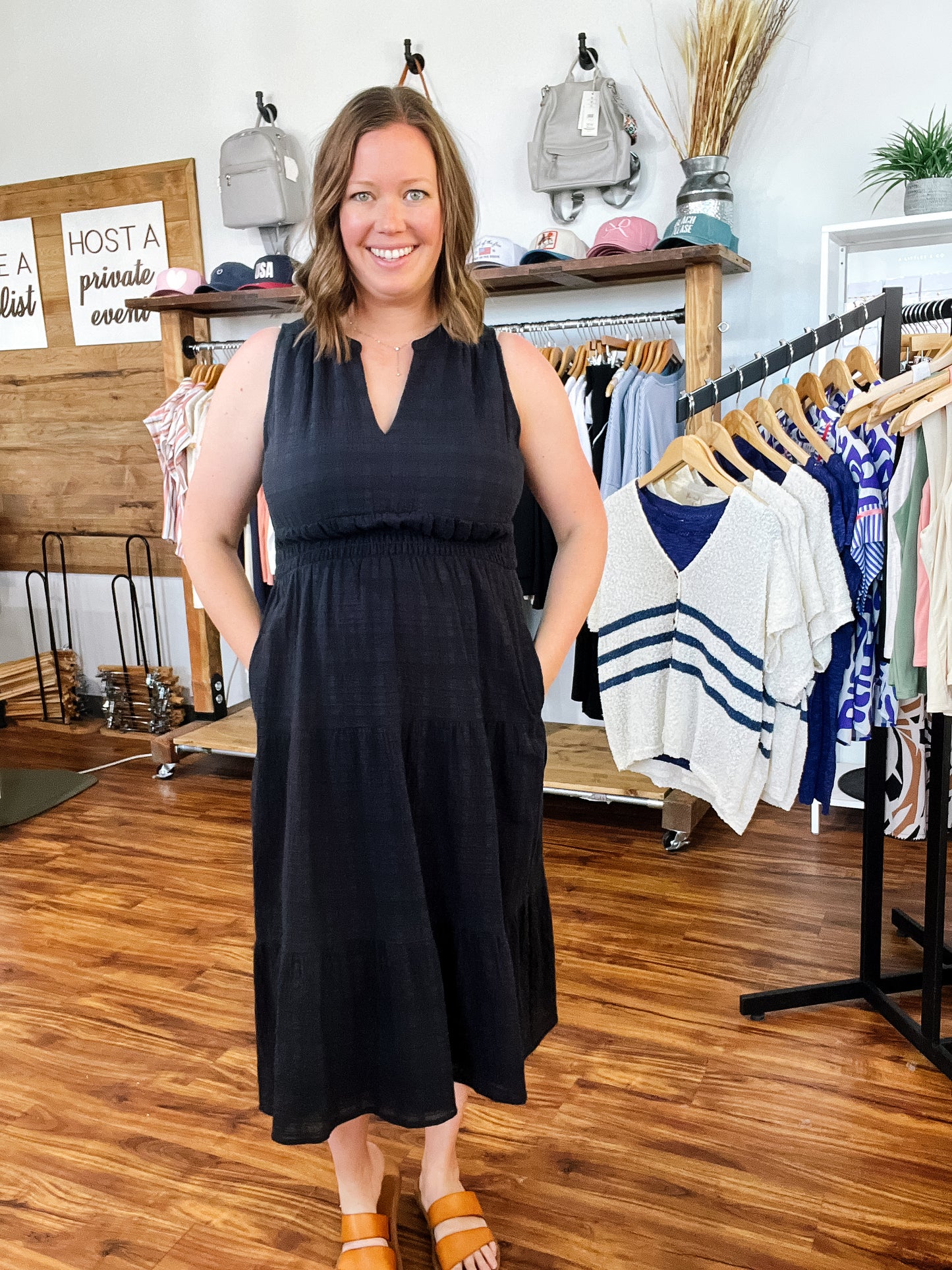 Black Sleeveless Tiered Midi Dress