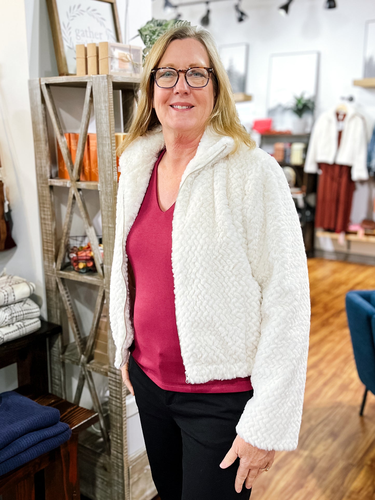 Ivory Faux Fur Bomber Jacket