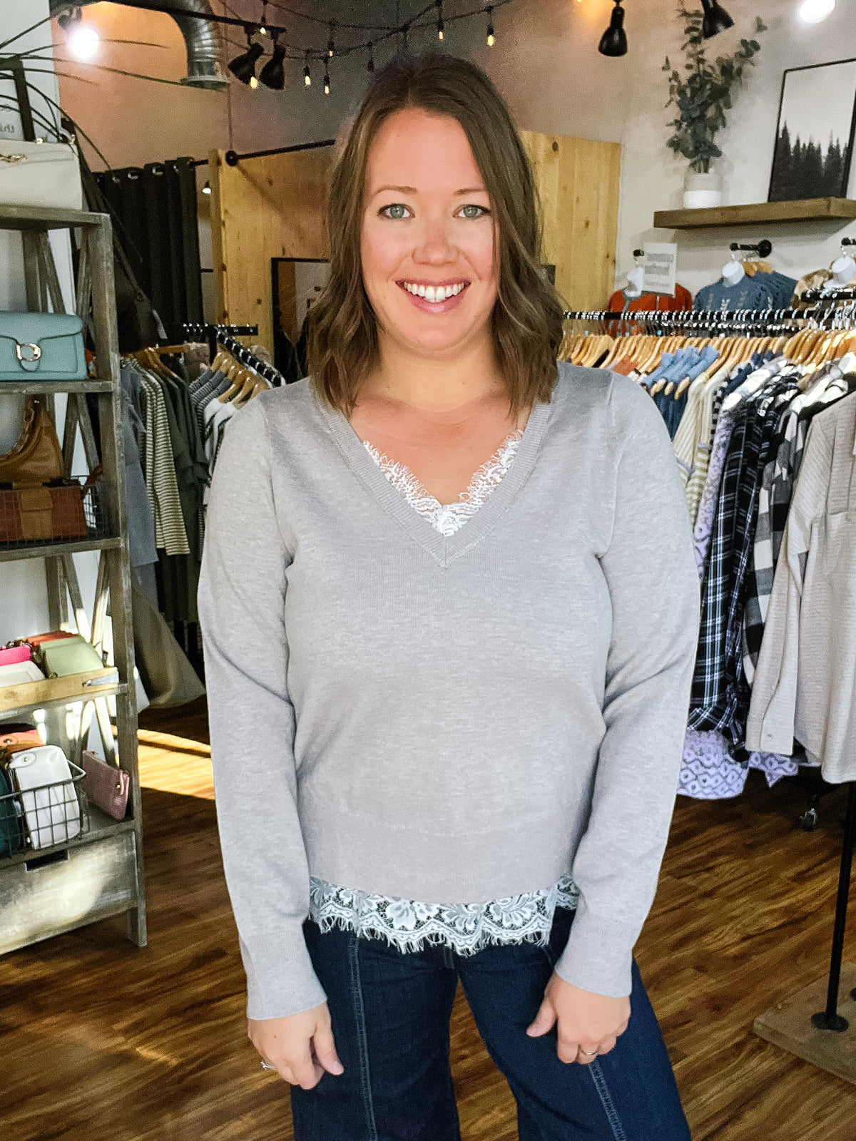 Gray w/ White Lace V-Neck Sweater