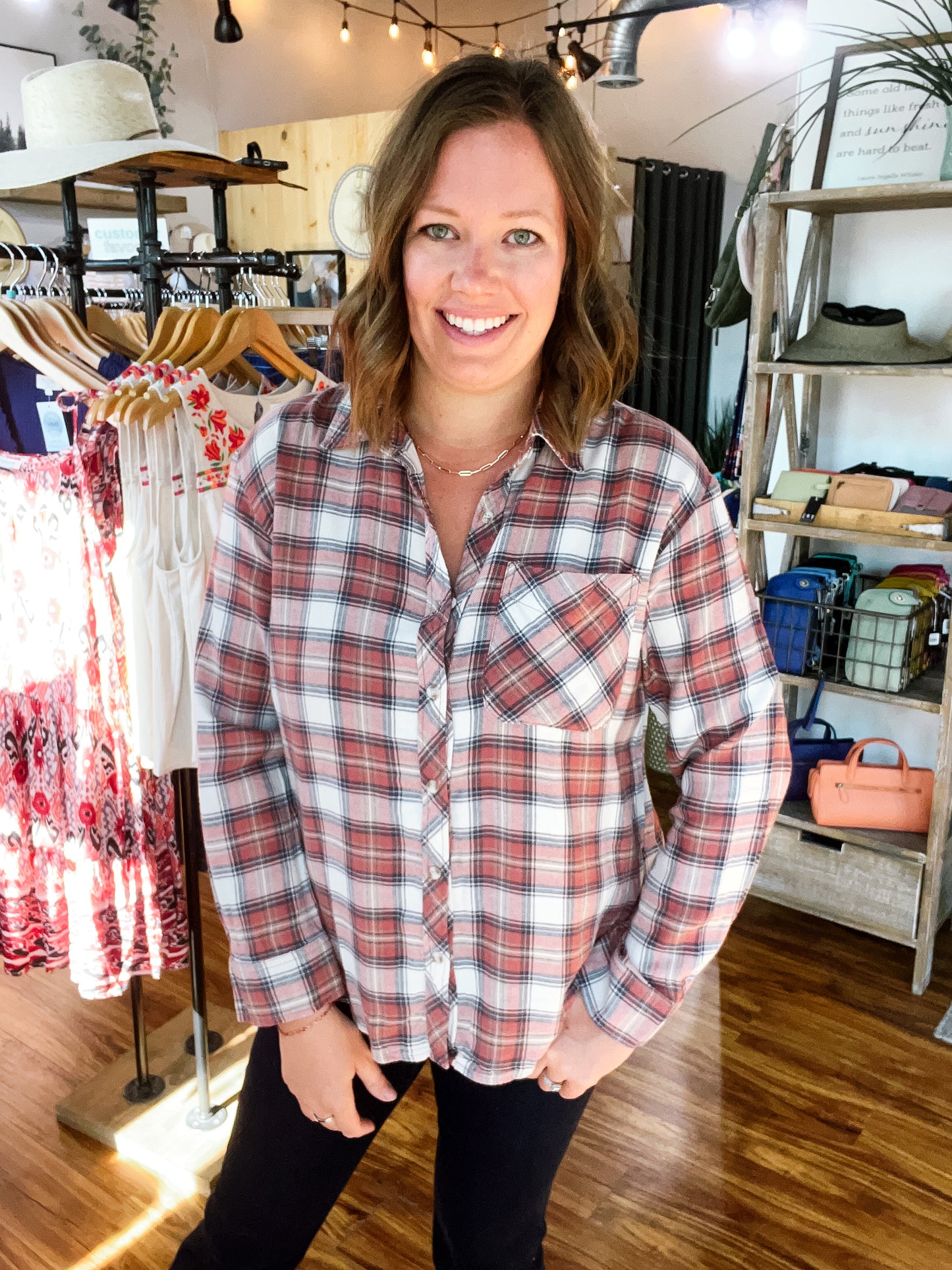 Rust W/Beige Plaid Flannel Shirt