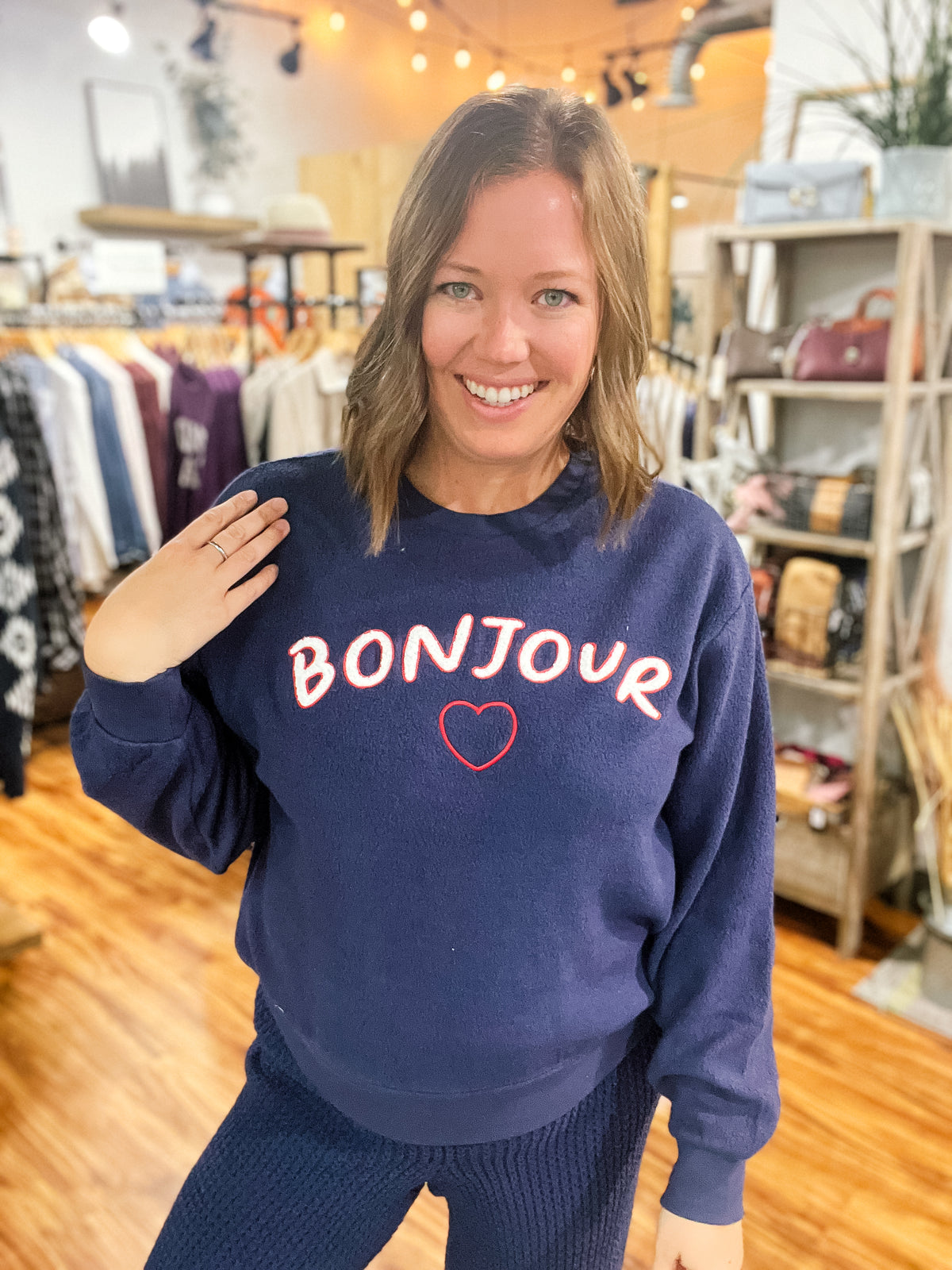 Navy Bonjour Long Sleeve Top