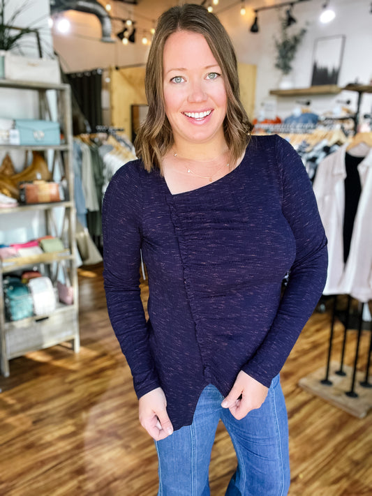 Navy Asymmetrical Long Sleeve Top