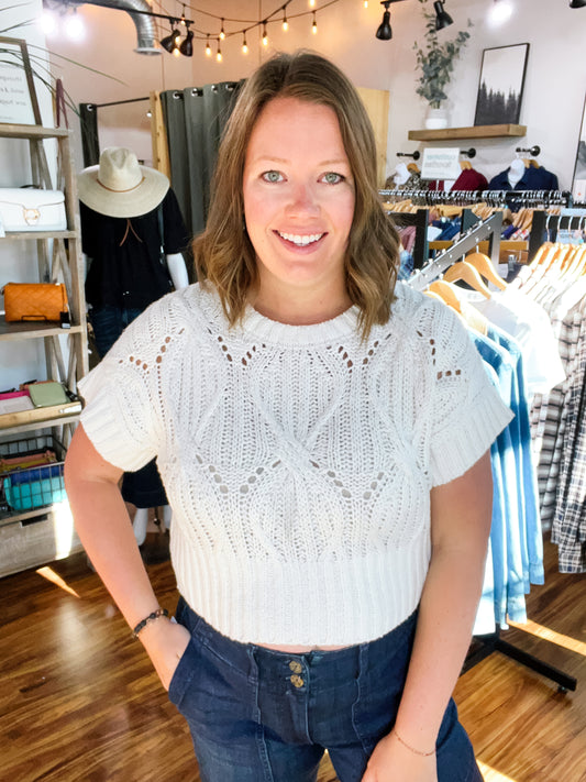 Cream Crochet Short Sleeve Sweater