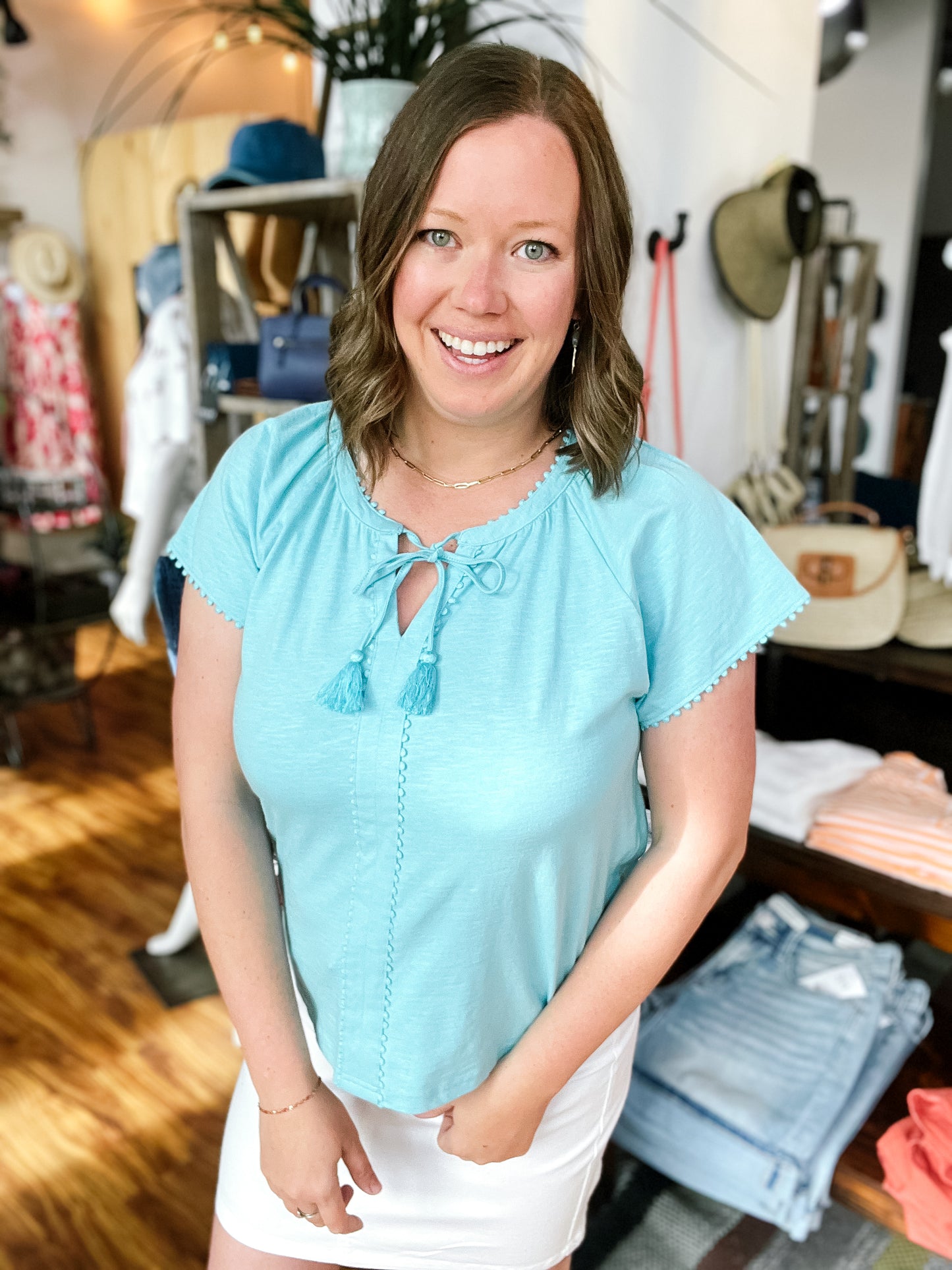Sky Blue Tassel Tie Top