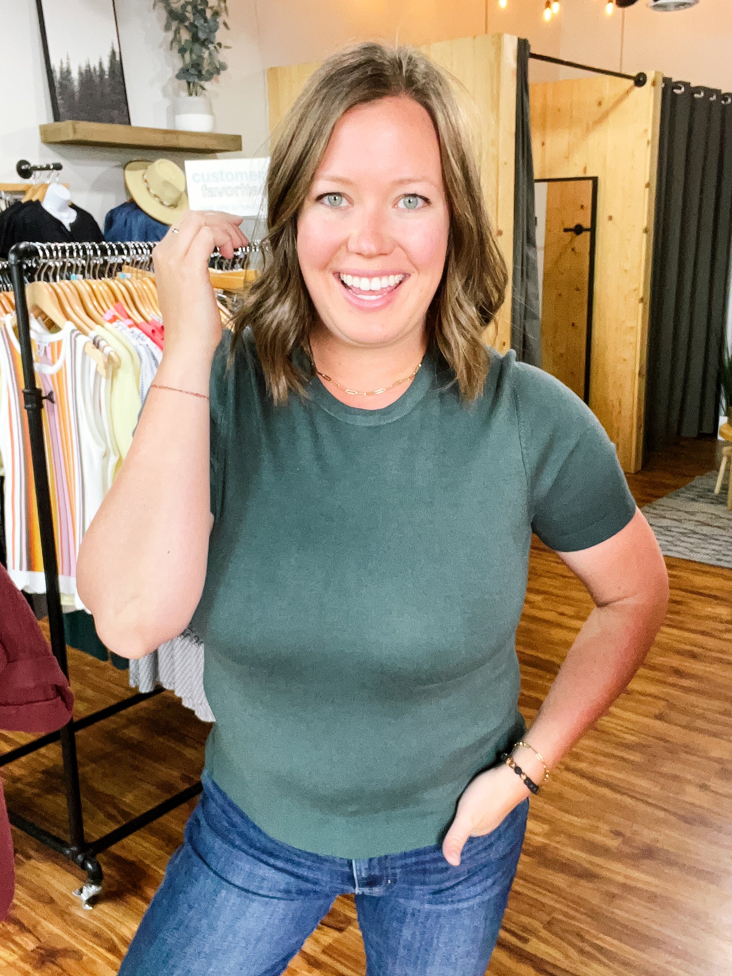Hunter Green Round Neck Short Sleeve Sweater