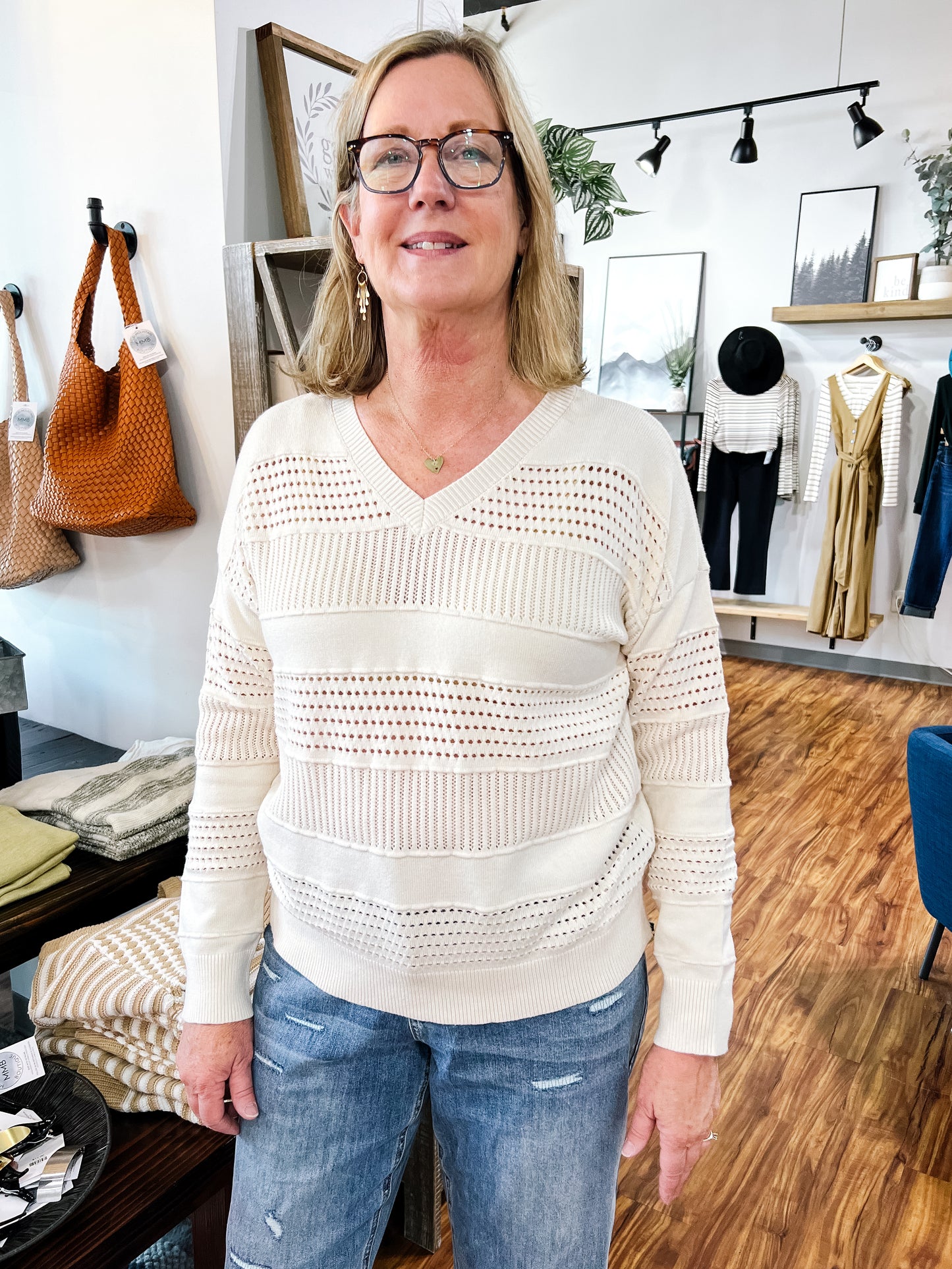 Almond Pointelle V Neck Sweater