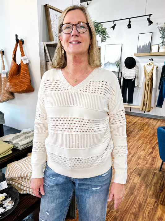 Almond Pointelle V Neck Sweater