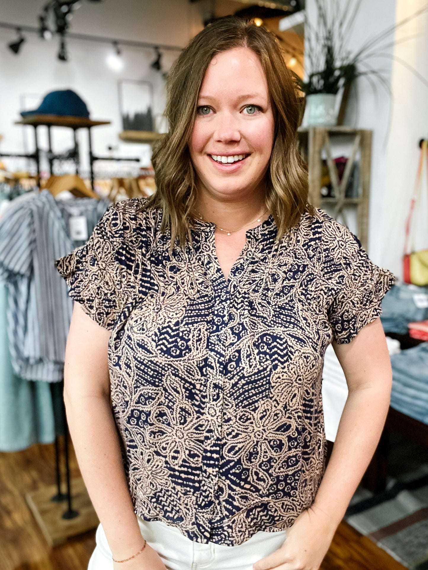 Navy & Beige Shirred Front Top