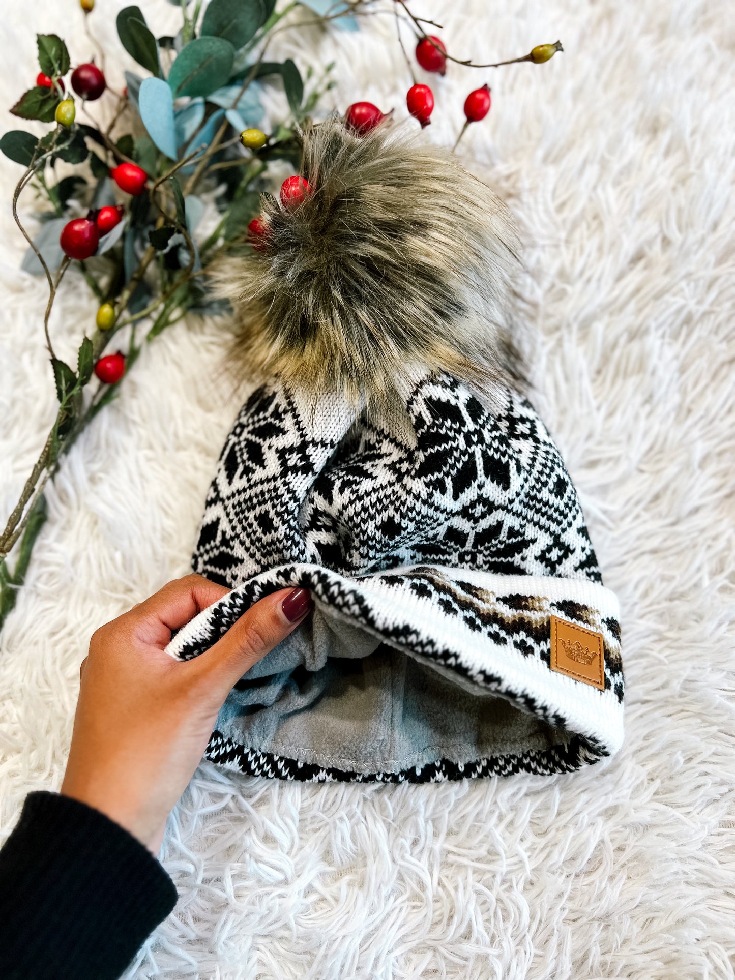 White, Black & Tan Patterned Pom Beanie