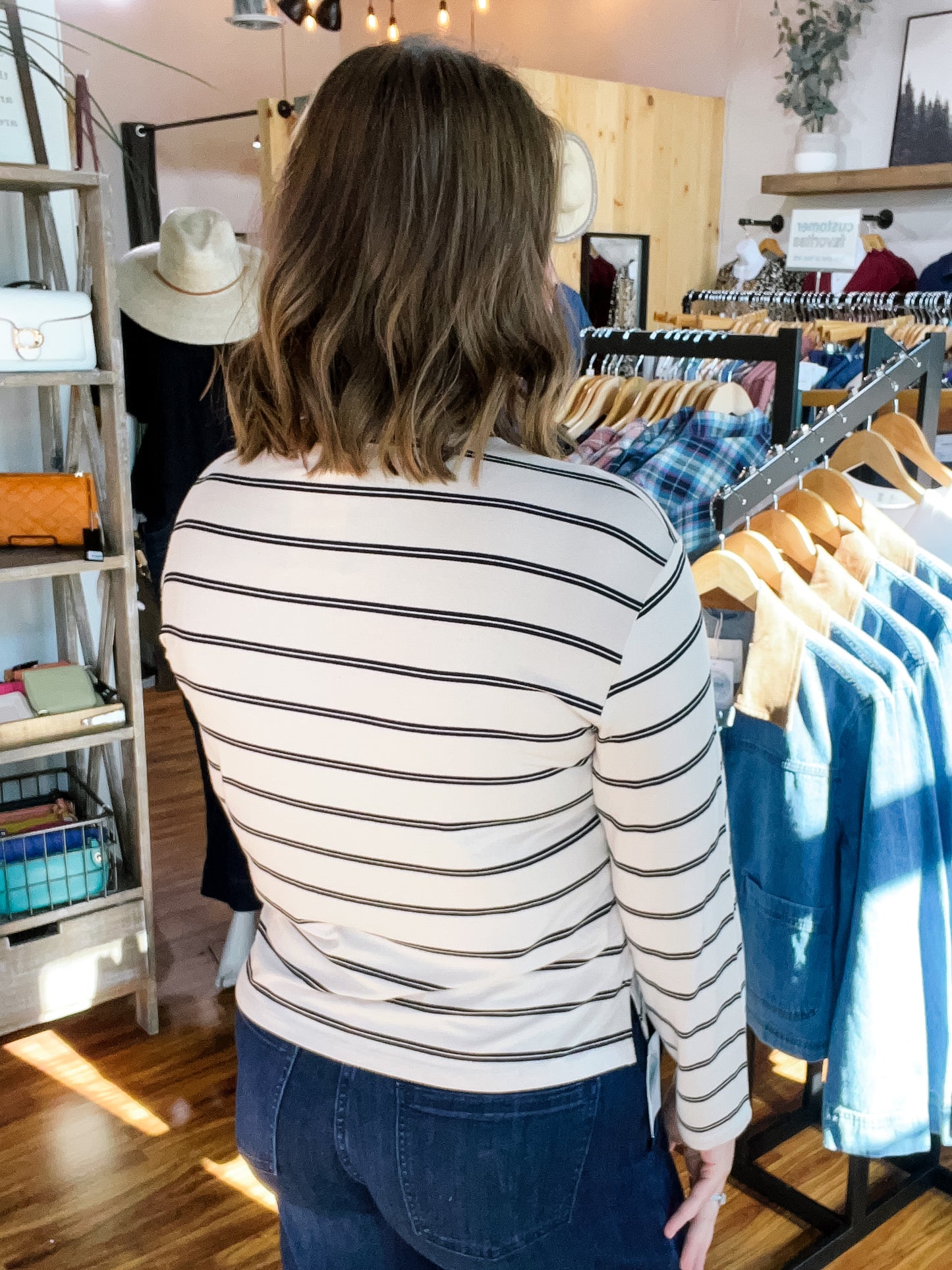 Cream W/Black Stripe Long Sleeve Top