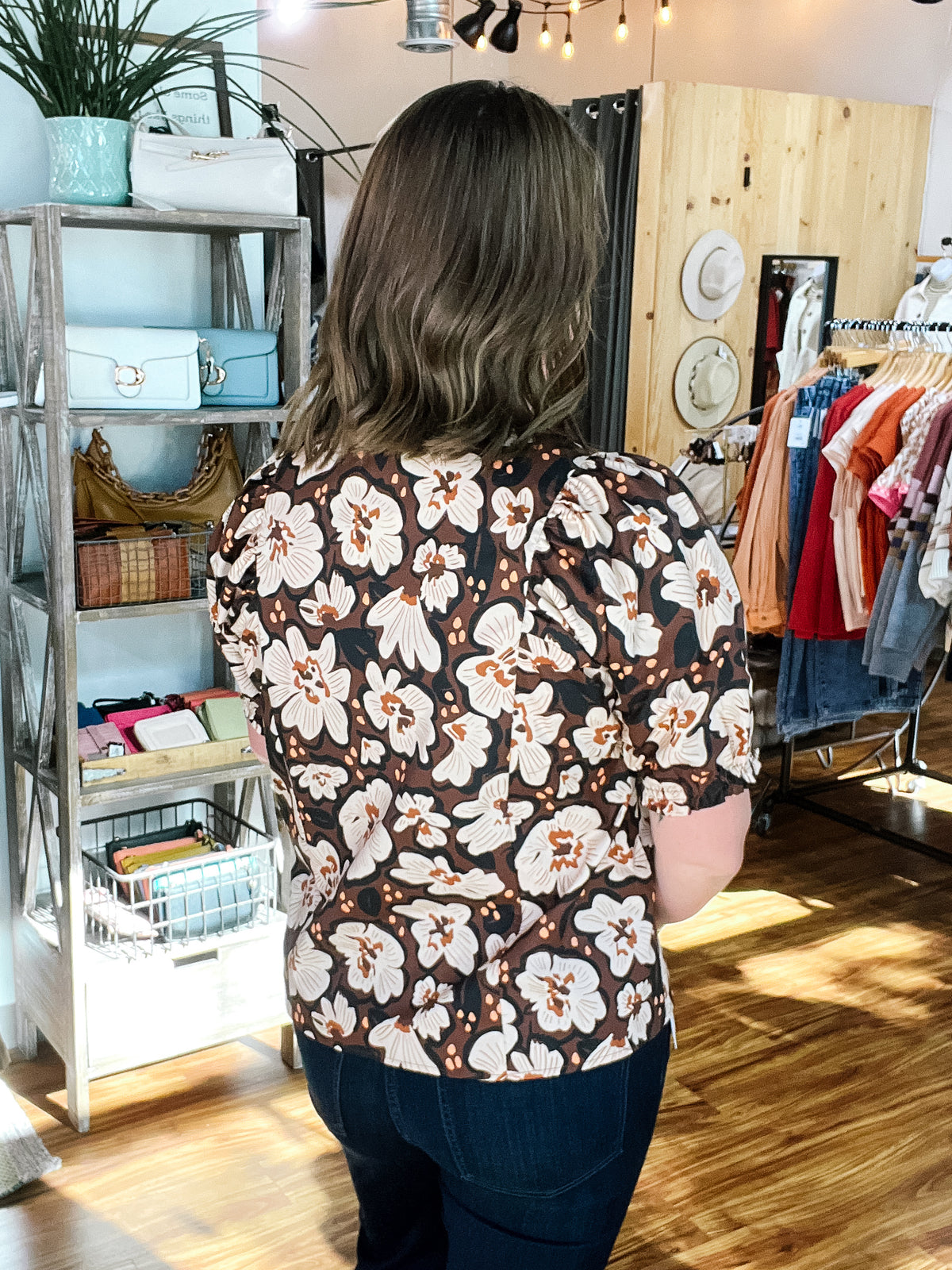 Brown Floral V-Neck Top
