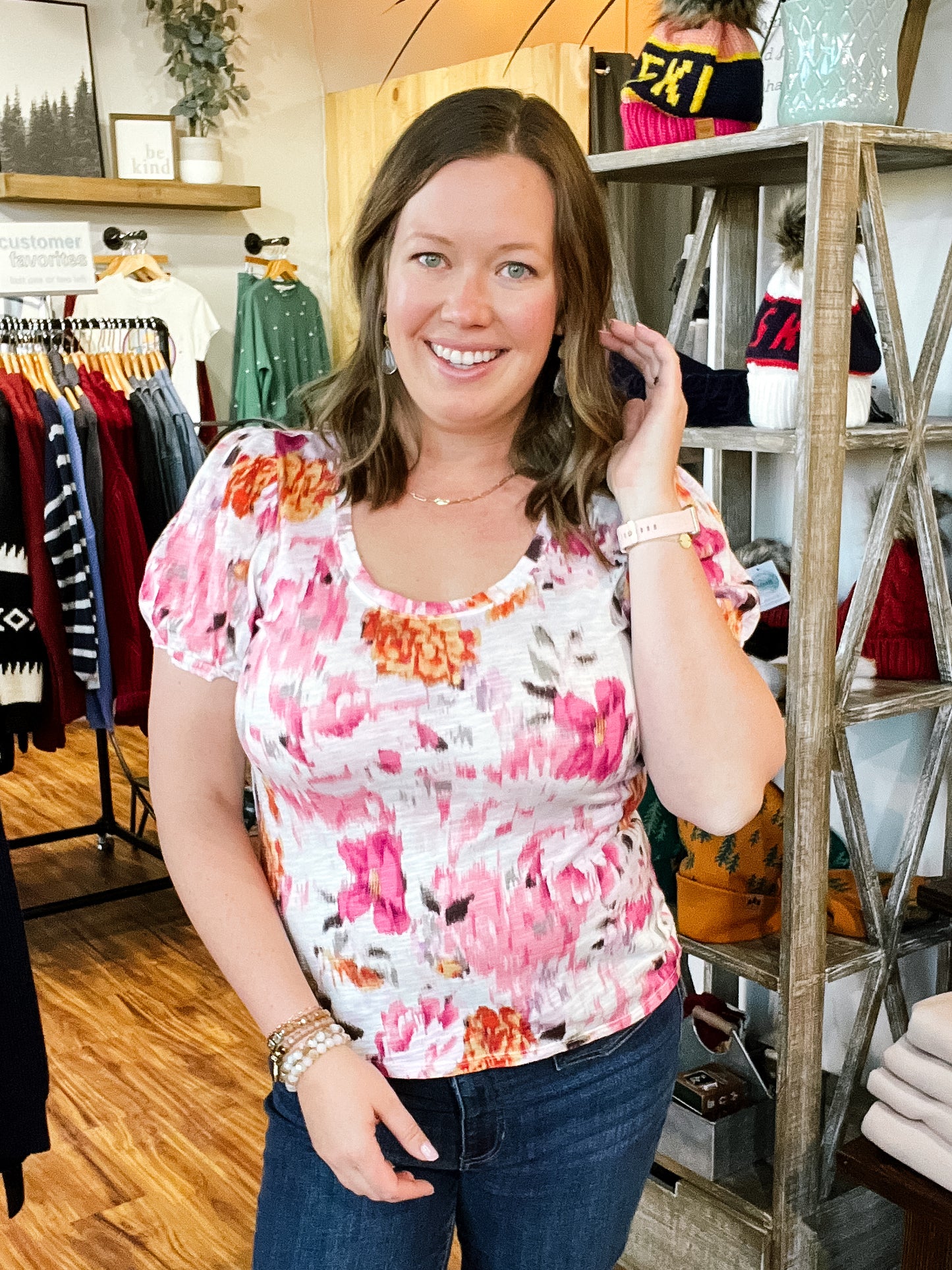 Ivory With Pink Floral Puff Sleeve Top
