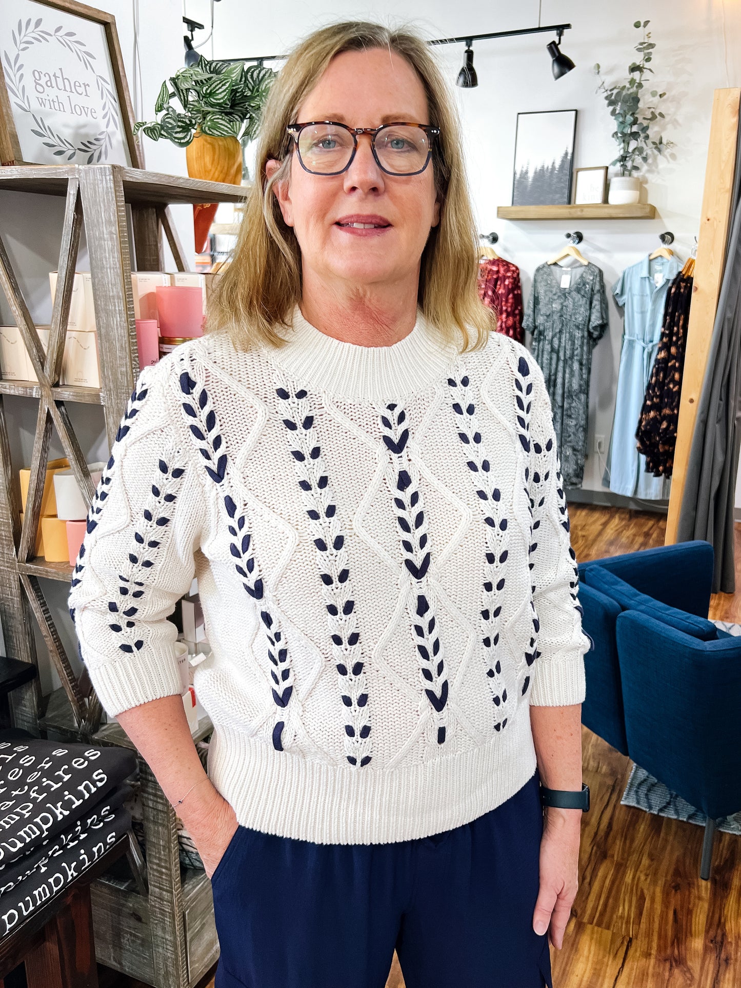 Ivory W/Large Navy Stitching Sweater