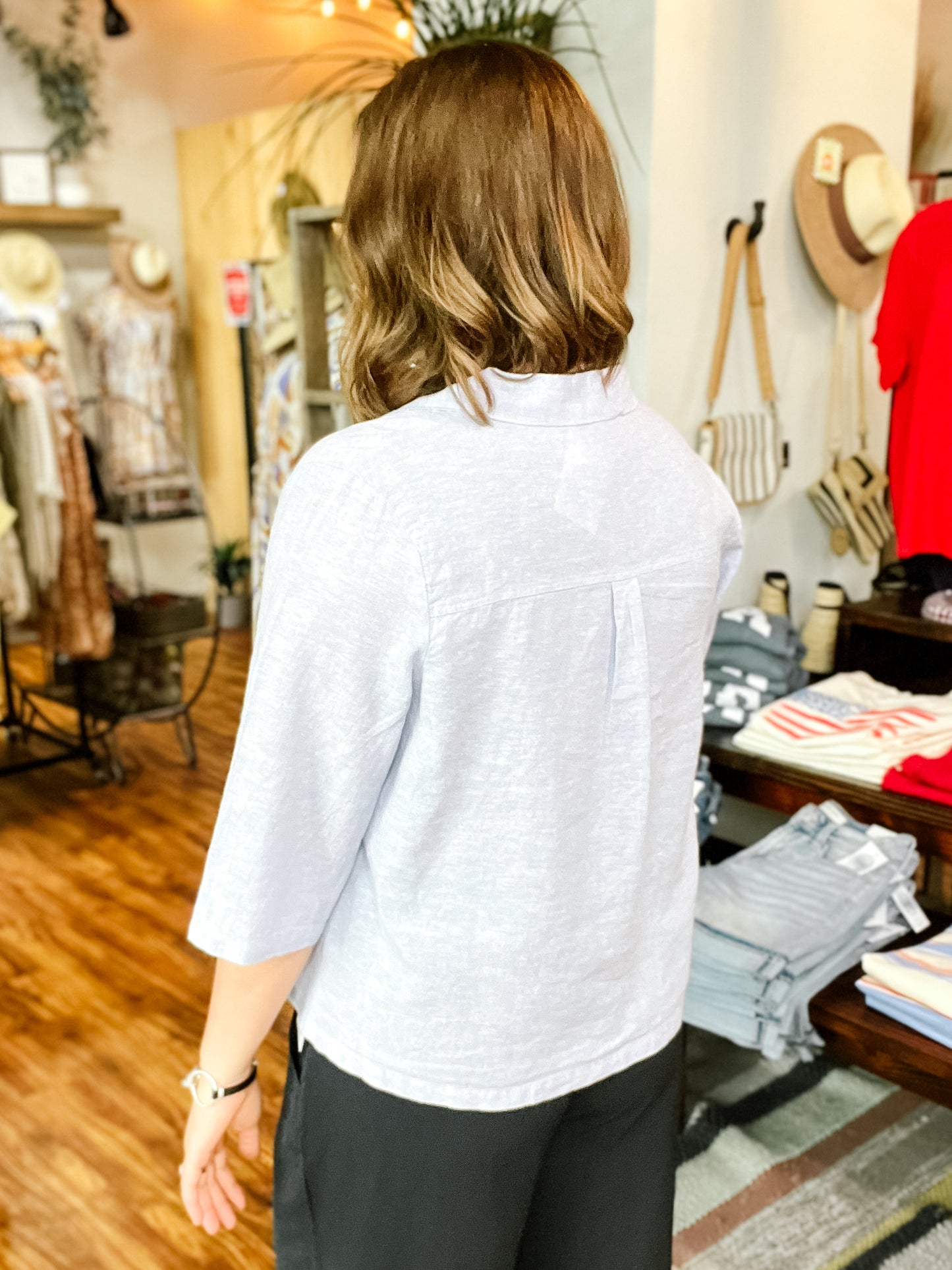 Light Blue Linen Button Front Shirt