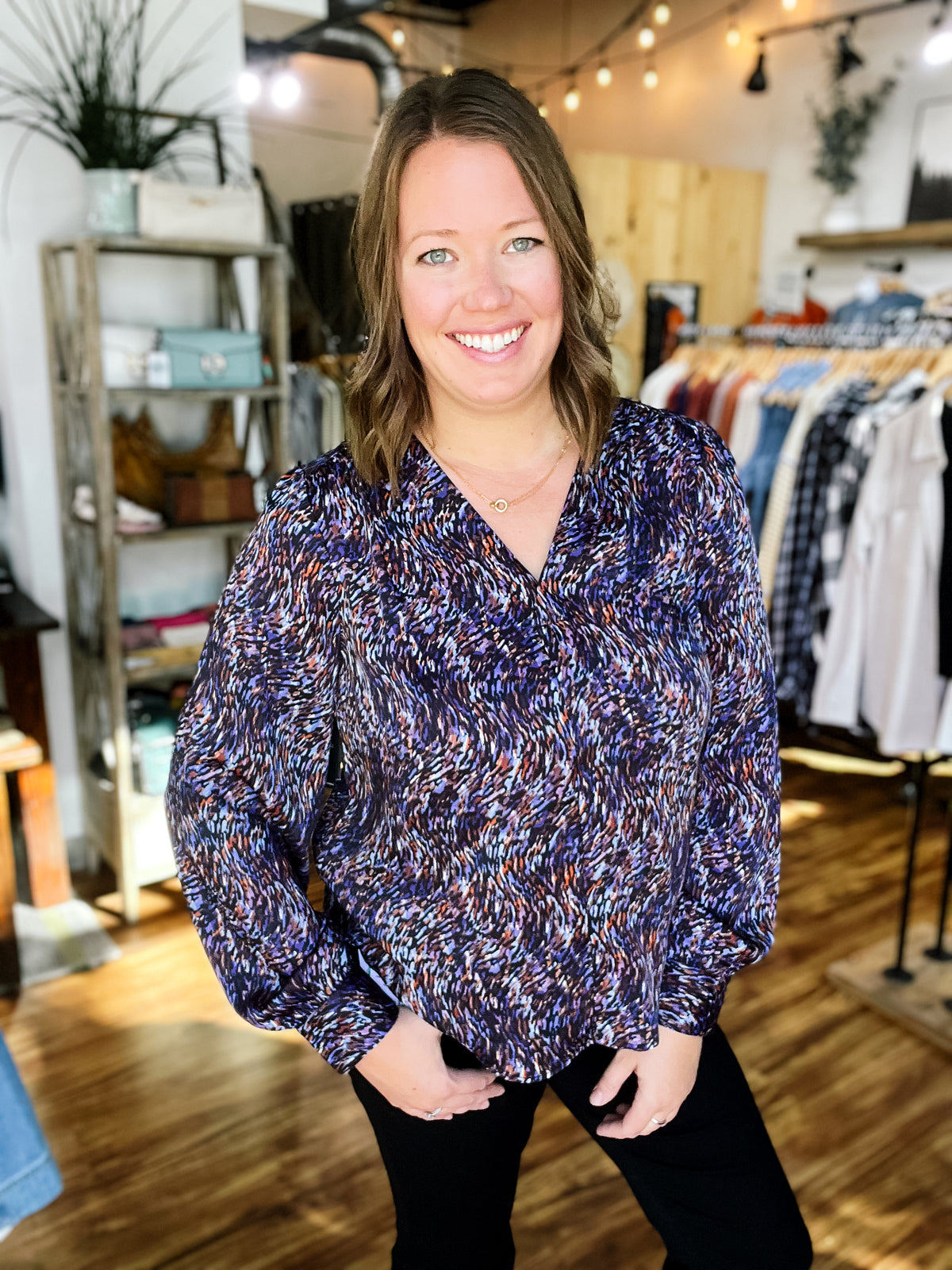 Navy Colorful Print Long Sleeve Top