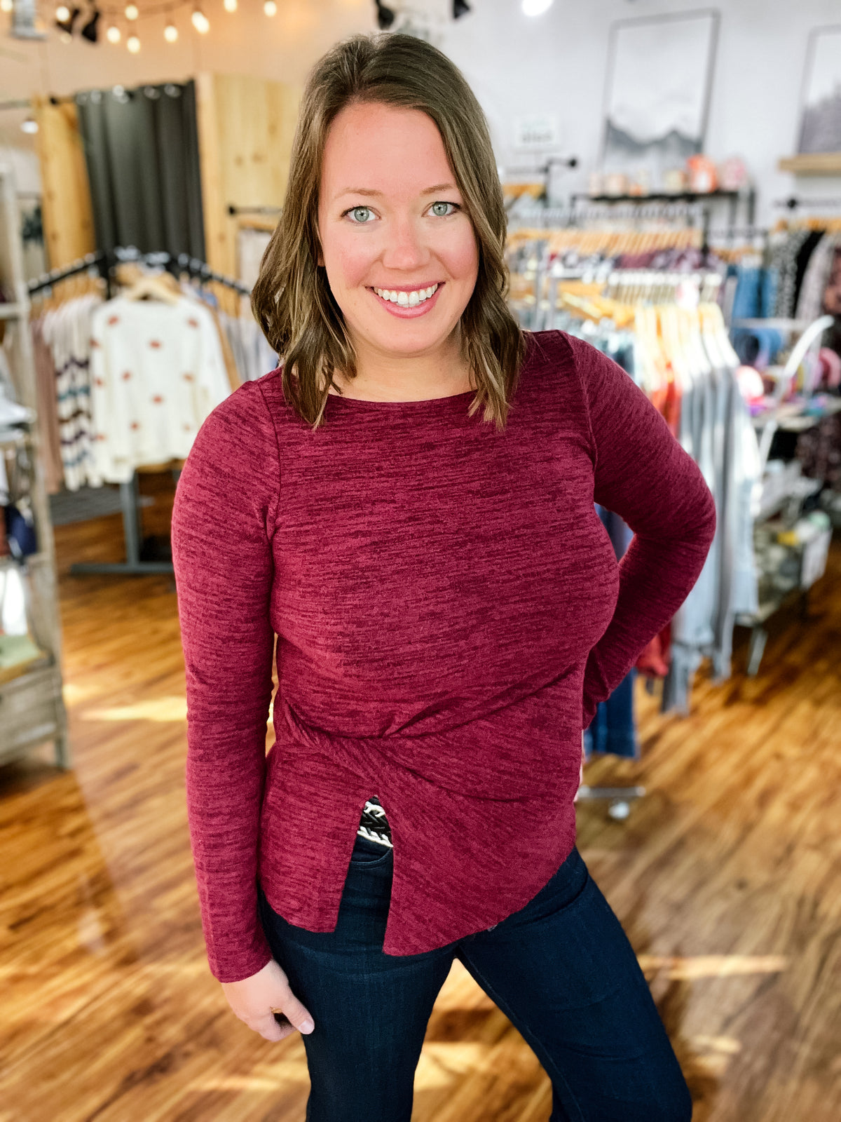 Heathered Cranberry Long Sleeve Twist Top