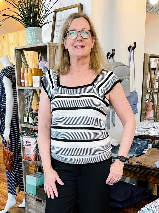 Black W/White Stripe Flutter Sleeve Tank